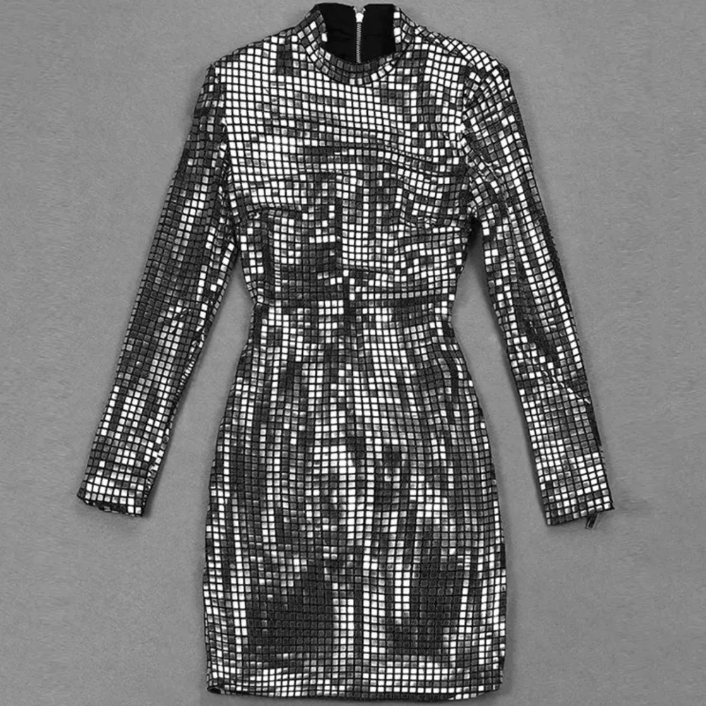 Shiny Plaid Sequins 2024 Autumn Winter Women Dress O-Neck Long Sleeve - Picture 4 of 5